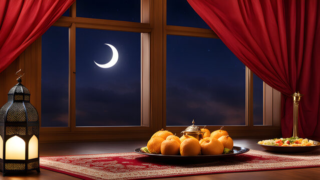 Welcoming Ramadan in a Muslim household. Background view of night with crescent moon with a lamp and food tray on table