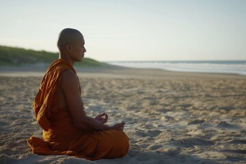 profile of a monk meditating on a sandy beach