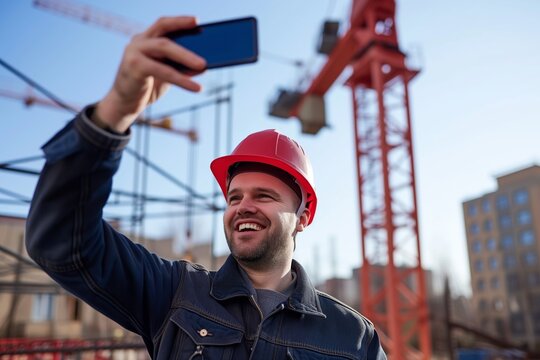 worker in hard hat, taking selfie with smartphone, crane in background