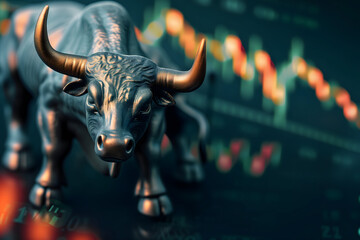 Bull with stock market chart in the background, closeup with selective focus Neural network generated in January 2024. Not based on any actual scene. - obrazy, fototapety, plakaty