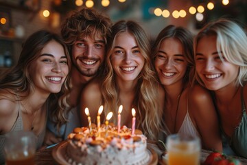 Obraz na płótnie Canvas Smiling Friends Celebrate Birthdays with Candles and Lights Generative AI