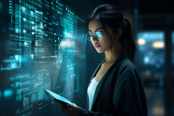 Young asian businesswoman using tablet with futuristic interface