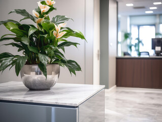 Modern office lobby with decorative potted plant on table
