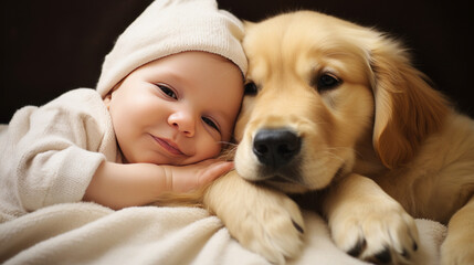Adorable baby and golden retriever puppy snuggling together