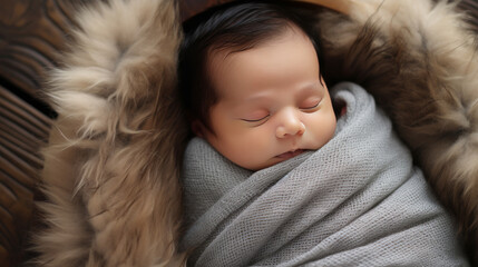 Peaceful newborn baby sleeping wrapped in cozy blanket on fur