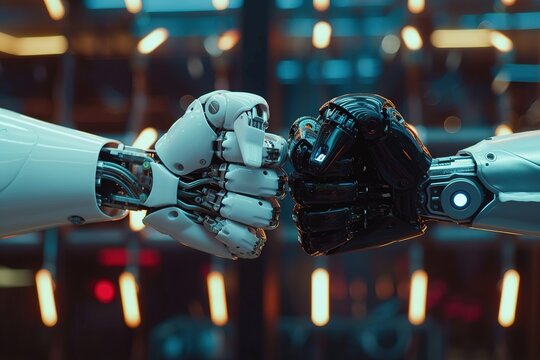 Image of AI's hand artificial intelligence, hand in hand, concept, cooperation or the conflict between AI technology