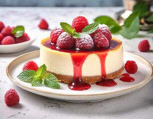 Cheesecake with raspberry sauce and fresh raspberries

