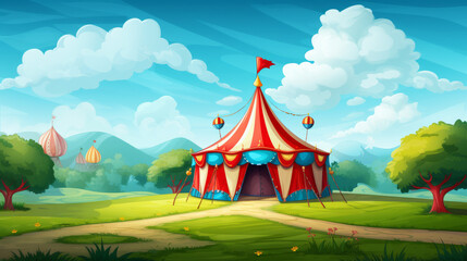 Colorful circus tent in sunny green landscape with whimsical clouds