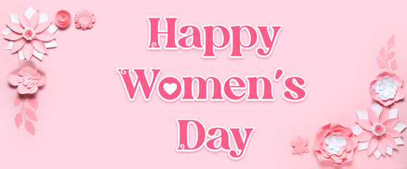 Banner with text HAPPY WOMEN'S DAY, paper flowers and leaves on pink background