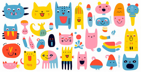 Colorful whimsical cartoon character illustrations for kids and designs