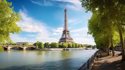 Sunny day at iconic eiffel tower with seine river in paris, france - obrazy, fototapety, plakaty