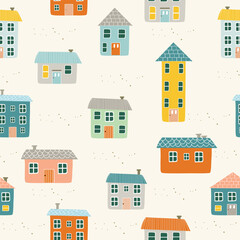 cute colorful tiny house town village hand drawn seamless pattern vector illustration for invitation greeting birthday party celebration wedding card poster banner textiles wallpaper background
