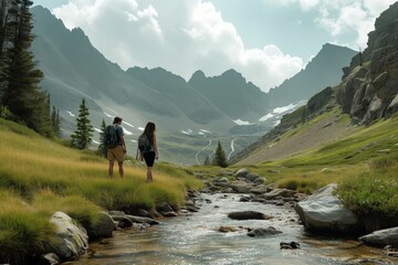 Fototapeta premium couple pausing for water break beside mountain stream