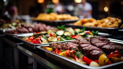 Catering buffet meals in the restaurant with meat, salads and vegetables, various delicious dishes in the hotel - obrazy, fototapety, plakaty