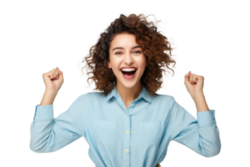 Joyful woman with curly hair, celebrating success against transparent background