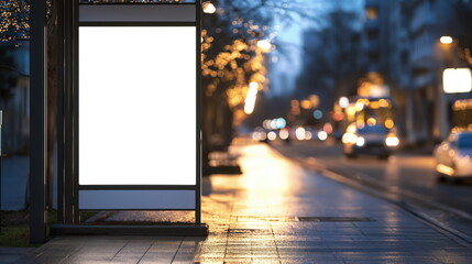 White bus stop billboard poster in a station with cars in moving in the background, Front view, mockup concept blank poster, city traffic