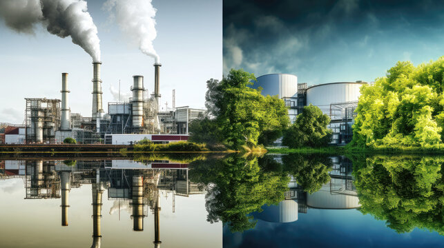 Industrial pollution and environmental conservation concept with refinery