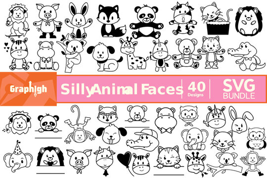 Set Of Silly Animal Faces SVG Design Cut File for Cutting Machine