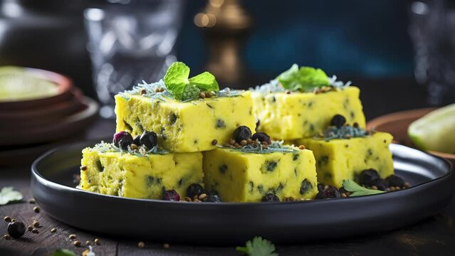 Delicious and Fragrant Indian Dhokla. A Traditional Appetizing Dish. Slow approach close up. 4k