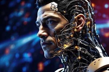 AI Artificial Intelligence. Cyborg man using AI technology for data analysis, coding computer language with digital brain, machine learning on virtual screen, business intelligence	