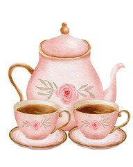 Watercolor cup of tea with pot