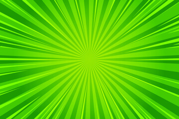 Starburst cartoon comic background. Pop art pattern with radial rays effect. Vector sun light green wallpaper with halftone. Abstract anime explosion. Vintage manga backdrop