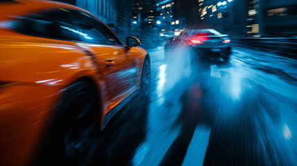 Sport car motion blur of race between two cars in blue hour, rain with lights on road. Sport car on...