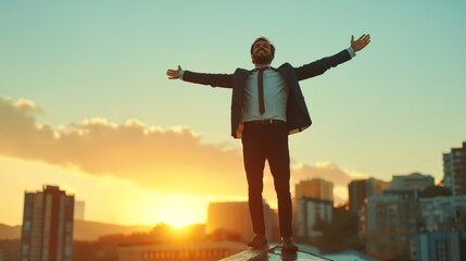 Triumphant man individual stands at world, having successfully achieved a goal. The ambition to be first and leader is evident as the businessman stands on the roof against the backdrop of the city