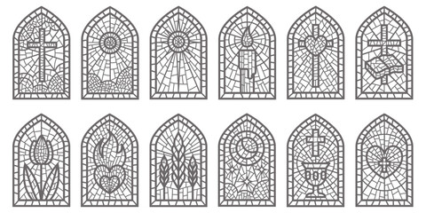 Glass church windows with mosaic. Religious catholic and christian frames with pattern. Medieval stained arches isolated on white background