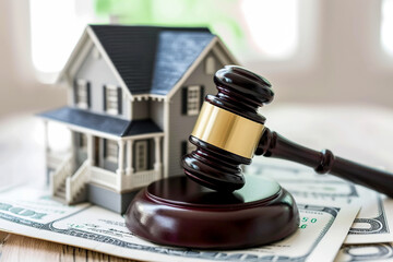 Foreclosure, bankruptcy concept. Gavel justice hammer, house model and paper money. Law, taxes and profits, investments in real estate and home buying - obrazy, fototapety, plakaty