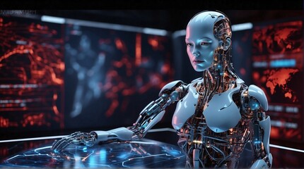 Fototapeta na wymiar AI Artificial Intelligence. Cyborg man using AI technology for data analysis, coding computer language with digital brain, machine learning on virtual screen, business intelligence 