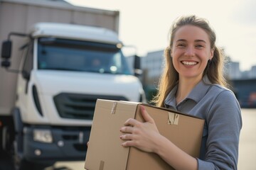 smiling woman holding a cardboard box with a delivery truck behind her