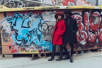 Fototapeta na wymiar fashionable duo standing by a graffiticovered dumpster