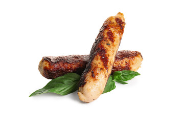 Tasty grilled sausage and basil on white background