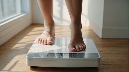 Legs of young woman standing on scale to measure weight in white room. Female feet with weight scale at home. 