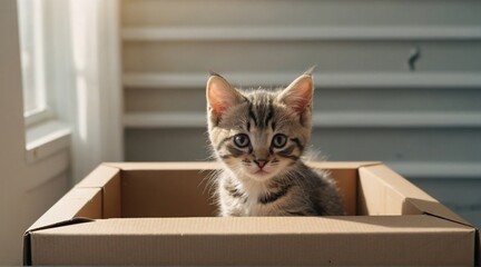 Little kitten climb out of white cardboard box in white room. Curious playful funny striped kitten. Cat hiding in box..