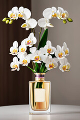 A bottle of premium perfume, surrounded by a bouquet of fresh orchids, Ai-generated - 729867263