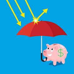 Umbrella protect the piggy bank. Crisis of banking and finance. Flat, Vector, Illustration, Cartoon, EPS10. 