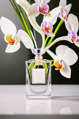 A bottle of premium perfume, surrounded by a bouquet of fresh orchids, Ai-generated - 729867273
