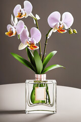 A bottle of premium perfume, surrounded by a bouquet of fresh orchids, Ai-generated - 729867289