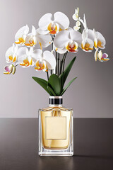A bottle of premium perfume, surrounded by a bouquet of fresh orchids, Ai-generated - 729867292
