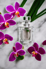A bottle of premium perfume, surrounded by a bouquet of fresh orchids, Ai-generated - 729867295