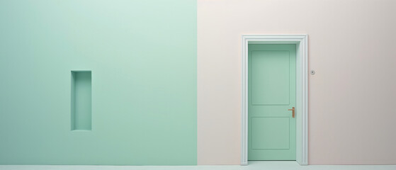 Minimalist aqua green wall with a neatly framed door and niche. Modern, simple architectural design elements.
