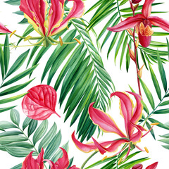 Tropical seamless pattern with exotic pink lily flowers, palm tree. Summer floral watercolor illustration tropic modern 