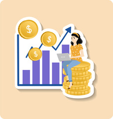 Salary sticker illustration. Woman earning money from online. Female person sitting on money coins with laptop computer and graphics. Vector sticker illustration.