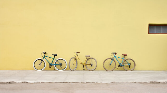 Assorted bicycles against a painted yellow wall, urban lifestyle concept.