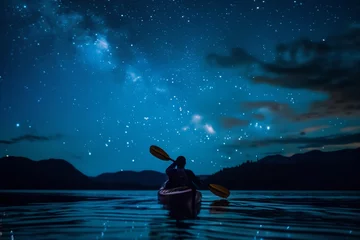 Fotobehang person kayaking under bright sky at midnight © altitudevisual