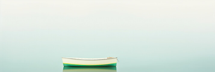 A lone boat resting on still waters under a hazy sky, creating a serene and contemplative scene.