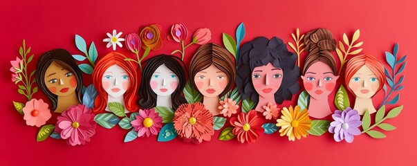 Multicultural diversity women. Racial equality, friendship, colleagues, students. International women day. Paper-cut style illustration. 
