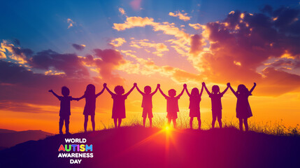 Silhouettes of Children Holding Hands on a Hill at Sunset Celebrating World Autism Awareness Day